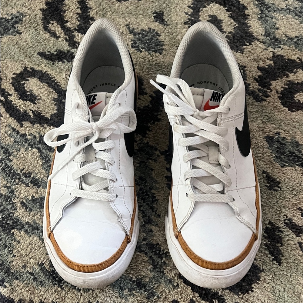 Nike White and Black Sneakers with Brown Trim- 6Y